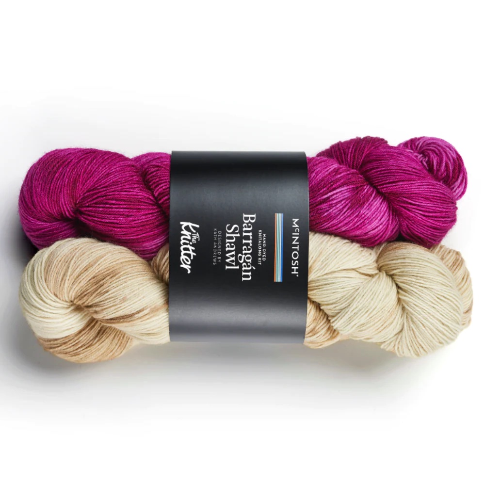 A maroon and a cream skein of wool wrapped together with a single blck band